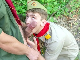 Twink scout Colton Andrews dropped on his knees to blow Greg. They are having a walk when Greg pulled Colton into the trees and his hands starst up and down to Coltons body and he can feel his dick