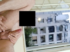 Risky masturbation flashing at open window front neighborhood